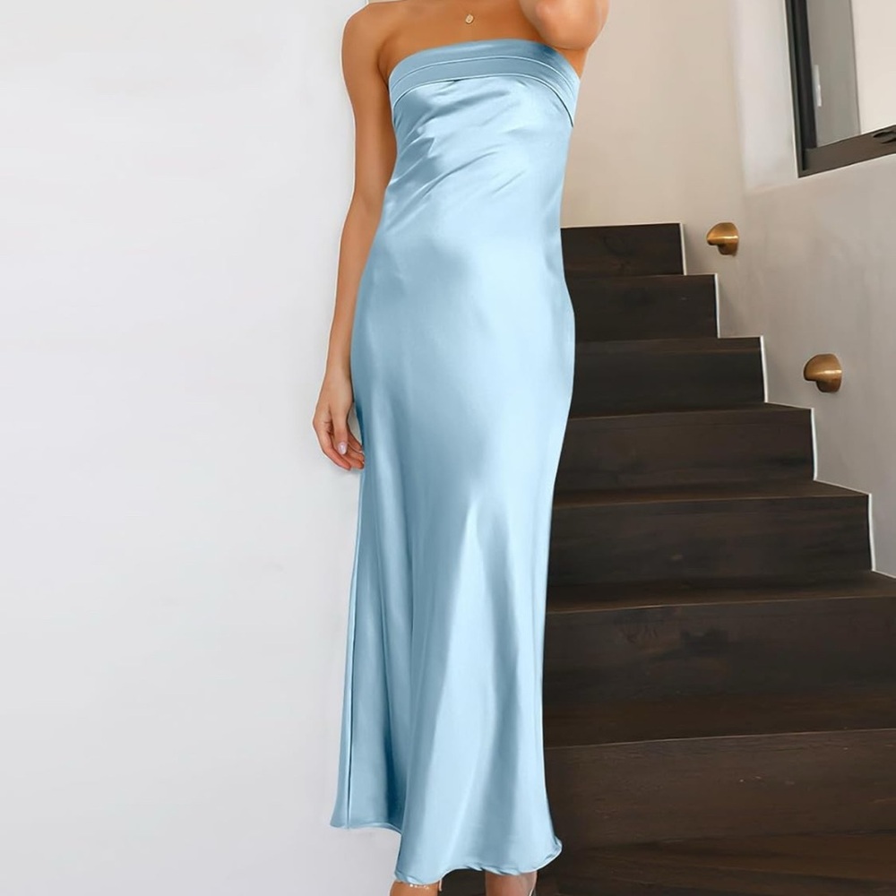 Blue Strapless Slip Midi Dress